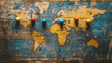 A vintage world map adorned with colorful pushpins, symbolizing travel and exploration. Perfect for travel planning and creative projects.の素材