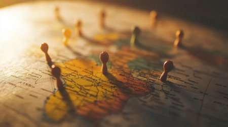 Close-up of colorful pushpins on a vintage world map, symbolizing travel planning and exploration. Shadows add depth to the geographic details.の素材