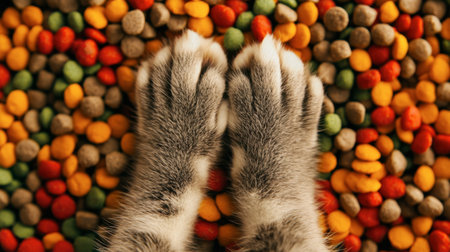 Close-up of furry cat paws positioned on a vibrant mix of colorful pet food, showcasing a playful and cozy environment for pets.の素材