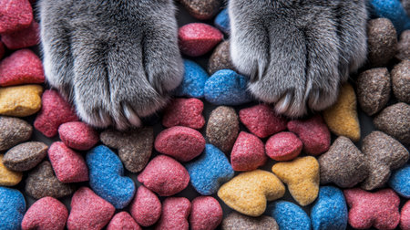 Close-up of adorable cat paws resting on colorful, heart-shaped treats in vibrant colors. The image captures the playfulness and joy of pets.の素材