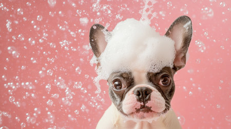 A cheerful dog with a bubbly head relaxes against a pink background, capturing the playful spirit of pet bathing moments and the joy of dog ownership.の素材