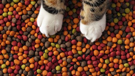 A close-up view of vibrant cat food scattered on the ground, featuring the paws of a domestic cat. Ideal for pet care and animal lifestyle themes.の素材