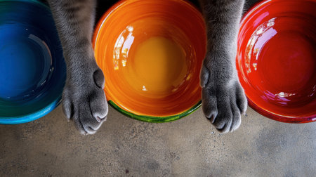 A cozy scene featuring a cat's paws resting beside colorful ceramic bowls. The vibrant colors and soft textures create a playful and inviting atmosphere.の素材
