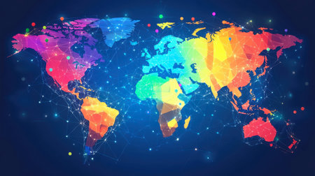This colorful world map features geometric shapes and network connections, symbolizing global communication and connectivity. Ideal for technology themes.の素材