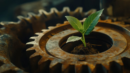 A small green plant emerges from a rusted gear, symbolizing growth and resilience in industrial settings. This image captures the delicate balance between nature and machinery.の素材