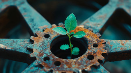 A vibrant green plant emerges from a rusty gear wheel, symbolizing resilience and life in an industrial setting. Nature's power to thrive in adversity.の素材