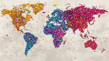 An abstract world map featuring vibrant dots in various colors. Perfect for travel-themed projects, educational materials, or creative designs.の素材