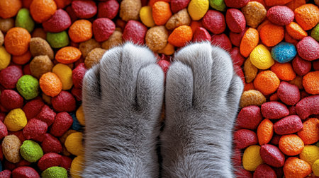 Adorable close-up of gray cat paws resting on colorful cat treats, creating a joyful and playful atmosphere. Perfect for pet lovers and photography.の素材