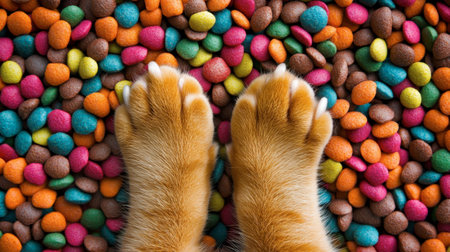Close-up of adorable cat paws resting on a vibrant assortment of pet food, featuring colorful shapes and textures, creating a playful scene.の素材