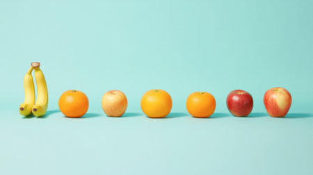 A vibrant display of assorted fresh fruit including bananas, oranges, and apples, set against a blue background, perfect for healthy lifestyle themes.の素材