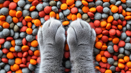 A close-up of cute gray cat paws resting on a vibrant, colorful array of pet treats. Perfect for animal lovers and pet-related content.の素材