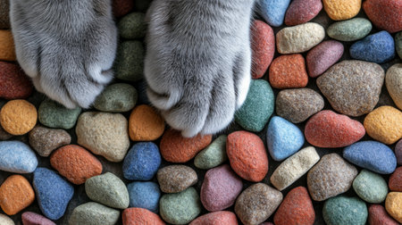 Close-up view of cat paws resting on a variety of colorful pebbles. This serene and vibrant image showcases the beauty of nature and the softness of fur against a textured background. Perfect for animal and nature themes.の素材