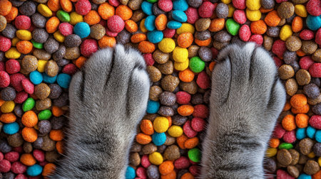A close-up of cat paws resting on a vibrant mix of colorful pet food. This playful scene captures the texture and color variety, showcasing a joyful moment.の素材
