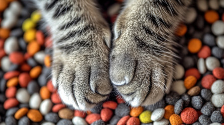 Captivating close-up of playful cat paws resting on vibrant pebbles. The detailed fur and colorful background create a delightful scene showcasing feline charm.の素材