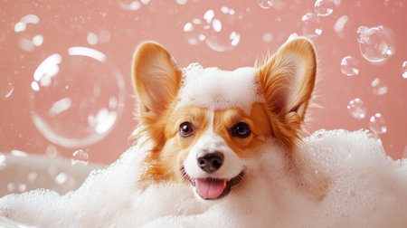 A cheerful corgi enjoying a bubble bath, surrounded by soft foam and playful bubbles. This adorable scene captures the joy of pet grooming.の素材