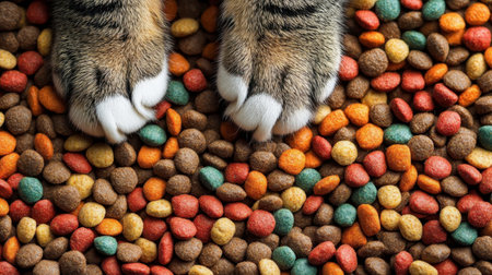 Close-up view of cat paws resting on a vibrant pet food background, showcasing the various colors and textures of kibble blend ideal for pets.の素材