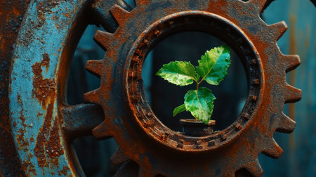 A small green plant emerges from a rusty gear, symbolizing nature's resilience and beauty amidst industrial decay. The vivid leaves contrast with the textured metal backdrop.の素材