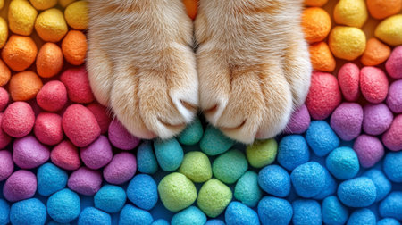Adorable close-up of a cat's paws resting atop a vibrant, candy-like background filled with colorful dots, creating a playful and cheerful atmosphere.の素材