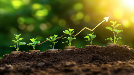 A visual representation of plant growth alongside financial progress. The image showcases seedlings emerging from soil, symbolizing investment and prosperity.の素材