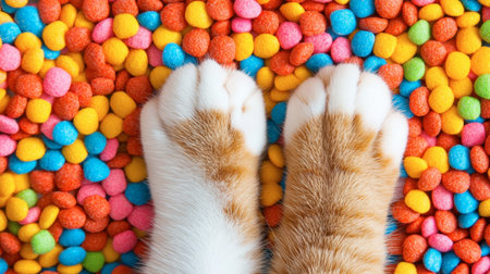 A charming close-up of adorable cat paws resting on a colorful assortment of candy. This vibrant image captures the sweet essence of pet joy and playfulness.の素材