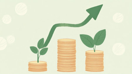 This illustration depicts the growth of investment represented by coins and plants, symbolizing progress and sustainability in finance and economy.の素材