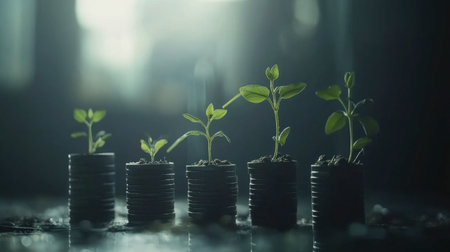 A visually stunning representation of plant growth emerging from coins, symbolizing investment, sustainability, and future prosperity. This image captures the essence of nurturing both nature and finances.の素材