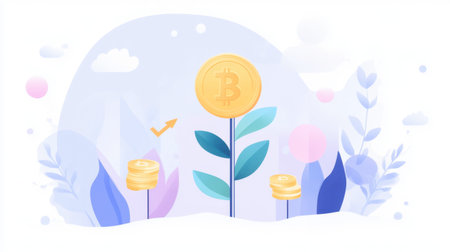 This illustration depicts a Bitcoin symbolized as a plant, representing growth and prosperity in the cryptocurrency market. Ideal for finance and technology themes.の素材