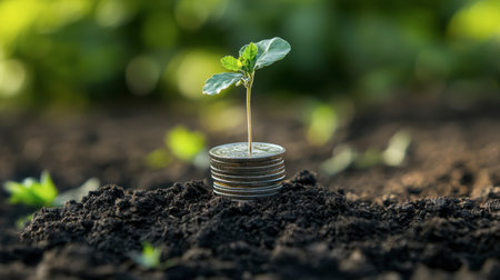 A symbolic representation of financial growth, showing a small plant emerging from a stack of coins in rich soil, highlighting the connection between nature and economic prosperity.の素材