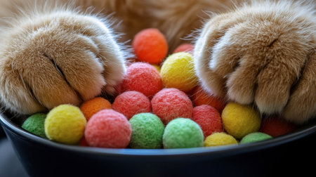 Charming close-up of fluffy cat paws resting on colorful felt balls. The playful scene captures the joy and comfort of pets in a cozy environment.の素材