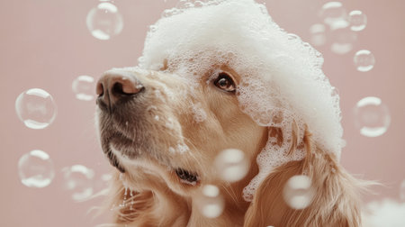 A charming golden retriever with foam on its head surrounded by bubbles. This image captures a joyful and playful grooming moment for pets.の素材