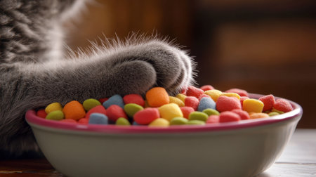 A close-up view of a cat's paw reaching into a bowl filled with colorful treats. This playful image captures the curiosity and joy of pets during snack time.の素材