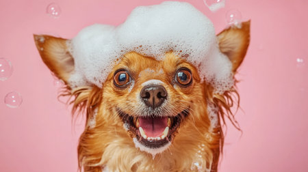 A joyful small dog covered in bubbles smiles brightly on a vibrant pink background, showcasing the fun and happiness of pet grooming moments.の素材