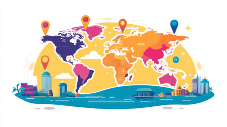 Vibrant illustration of a world map featuring colorful location markers and city skyline elements, perfect for travel and adventure themes.の素材