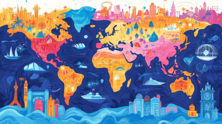 This vibrant world map illustration captures various landscapes and cityscapes, perfect for travel-themed projects or promotional materials.の素材