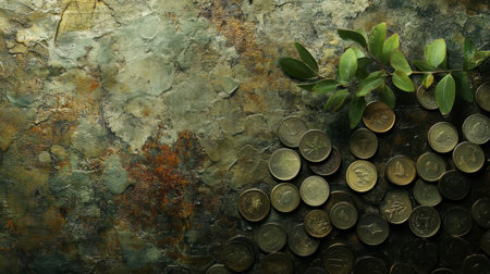 A captivating composition of coins nestled with green leaves against a rustic background, symbolizing growth and prosperity in finance and nature.の素材