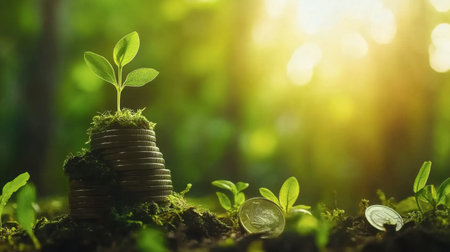 A stack of coins with a sprouting plant symbolizes the connection between finance and nature. This image reflects themes of growth, sustainability, and economic prosperity.の素材