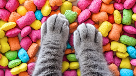 Gray cat paws rest on a colorful assortment of treats, creating a playful and vibrant scene that highlights the joy of pet companionship. Perfect for animal lovers.の素材