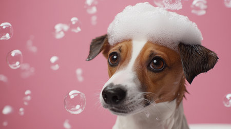A playful dog with bubble foam resting on its head against a soft pink background, capturing a joyful and fun expression that highlights pet grooming moments.の素材