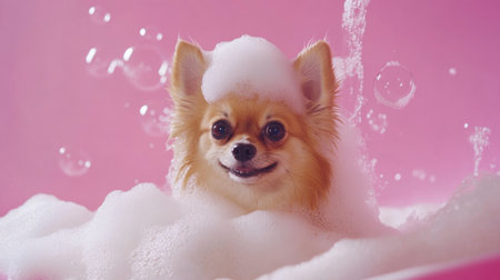 A cheerful Chihuahua enjoying a bubble bath on a vibrant pink background. This adorable scene captures the joy and playfulness of pet grooming.の素材
