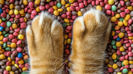 A close-up of cat paws resting on a colorful array of pet food. The vibrant textures create a playful and cheerful atmosphere, highlighting pet care.の素材