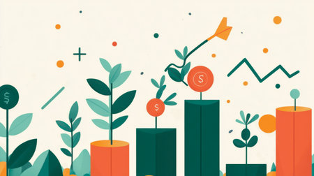A vibrant illustration depicting business growth through plant-like symbols and financial elements, showcasing innovation and success in a colorful design.の素材