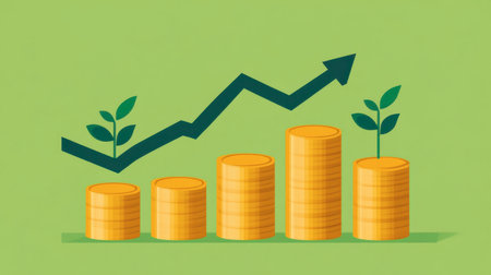 This vibrant illustration depicts financial growth with stacks of coins and sprouts, symbolizing investment success and sustainability in an engaging manner.の素材