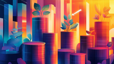 A vibrant illustration of colorful plants emerging from stylized financial structures, symbolizing growth and prosperity in an innovative business landscape.の素材