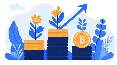 This vibrant illustration showcases growth in investments, featuring stacks of coins, bitcoin symbol, and blooming flowers, representing financial prosperity and innovation.の素材