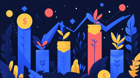 Vibrant illustration representing growth and investment with plants emerging from coins, symbolizing economic progress and financial strategies in a modern art style.の素材