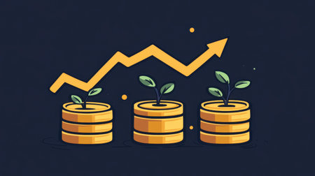 An artistic illustration showcasing the concept of growth and investment, featuring coins and plants with a rising graph, symbolizing financial success and sustainability.の素材