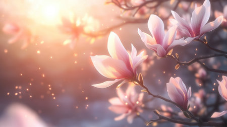 Soft sunlight illuminates blooming magnolia flowers, creating a tranquil and vibrant atmosphere. Ideal for nature themes and floral designs.の素材