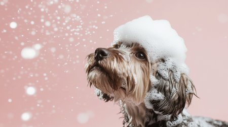 This charming image features a dog covered in bubbles, looking adorably at the camera against a soft pink background. Perfect for pet care themes.の素材