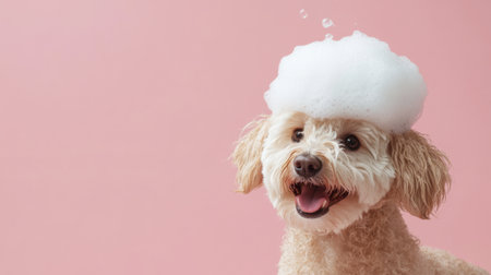 A cheerful dog with a bubble hat smiles against a pink background, capturing joy and playfulness in a fun pet grooming scenario. Ideal for animal lovers.の素材