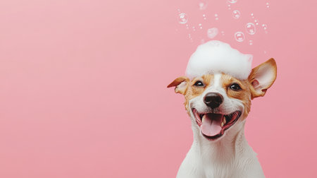 A cheerful dog with bubbles on its head, set against a vibrant pink background. This image captures the joy and playfulness of pets, perfect for pet care themes.の素材